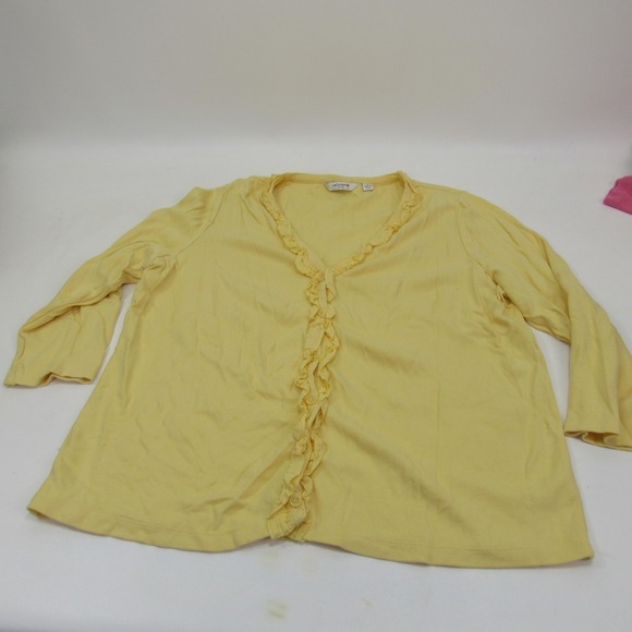 Liz Claiborne New York Yellow Ruffle Front Button Down 3/4 Sleeve Cardigan Large - Picture 1 of 10